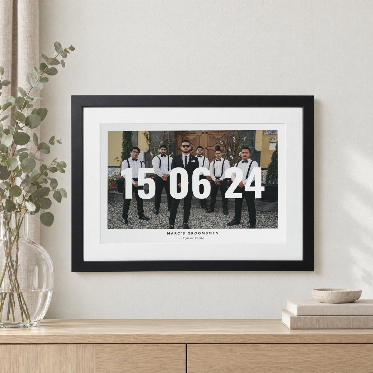 Personalised Wedding Photo Print, Custom Print From Your Photo, Groomsmen Gift, Wedding Date Wall Art, Black Framed Print With Mount