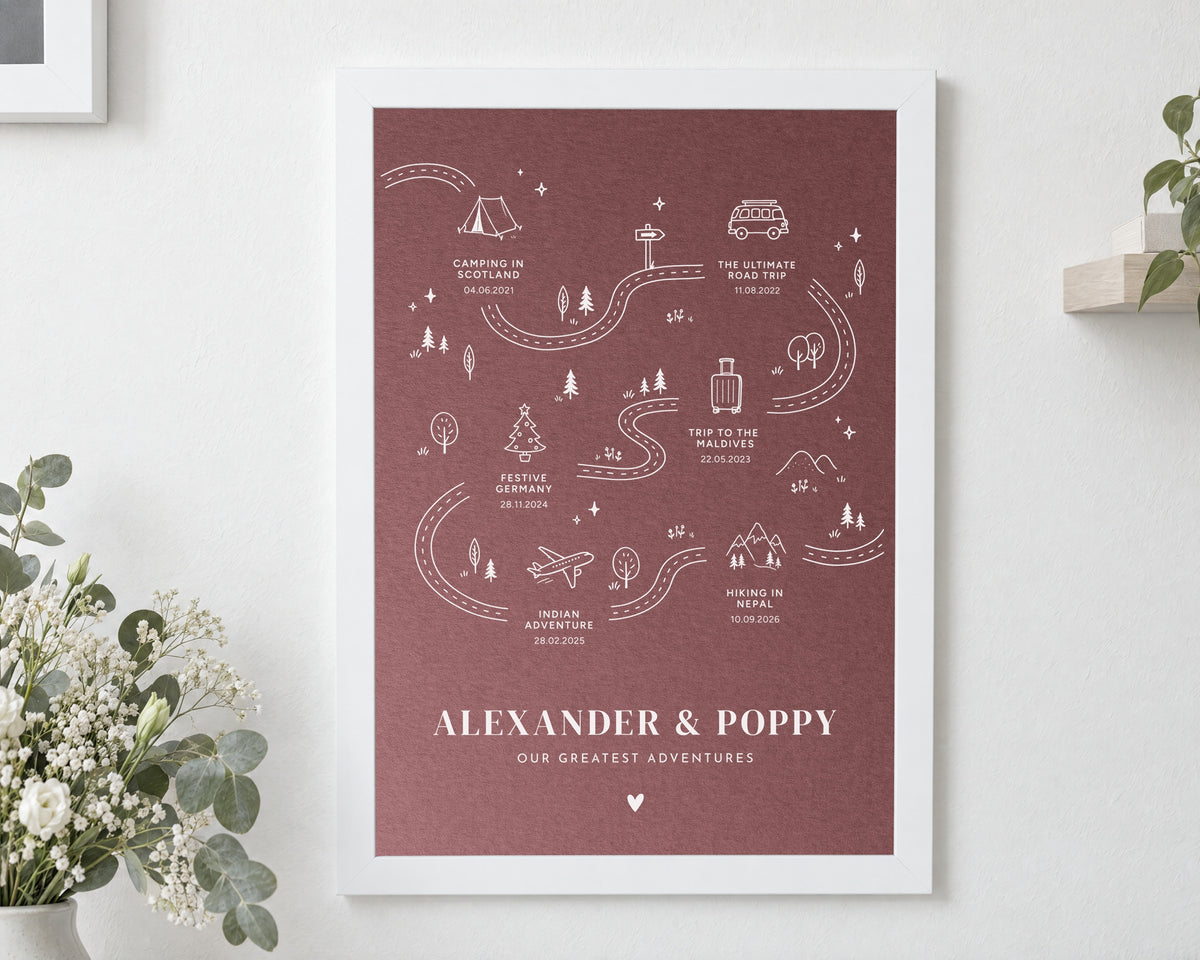 Personalised Travel Adventures Print, Pink Couple Wall Art, Our Greatest Adventures, Anniversary Gift for Couple, White Framed Print