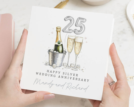 Silver Wedding Anniversary Card, 25th Anniversary Card, Personalised Anniversary Card, Champagne Anniversary Card, Couple Card