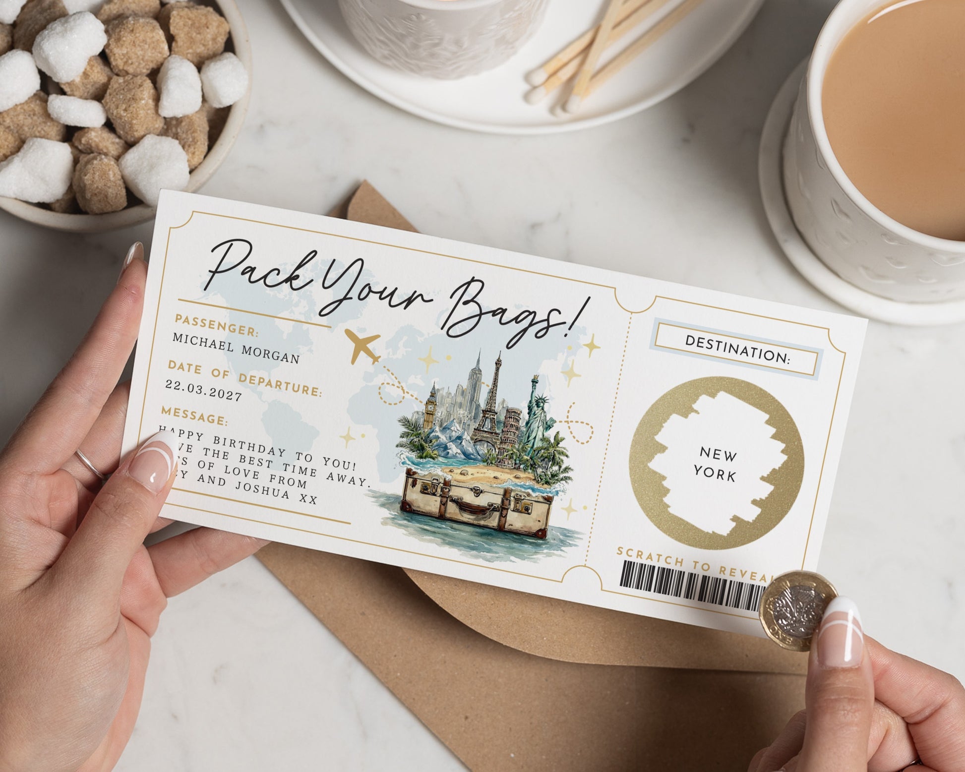 Personalised Pack Your Bags Gift Voucher, Holiday Reveal, Birthday Surprise, Custom Travel Voucher, Scratch To Reveal Destination