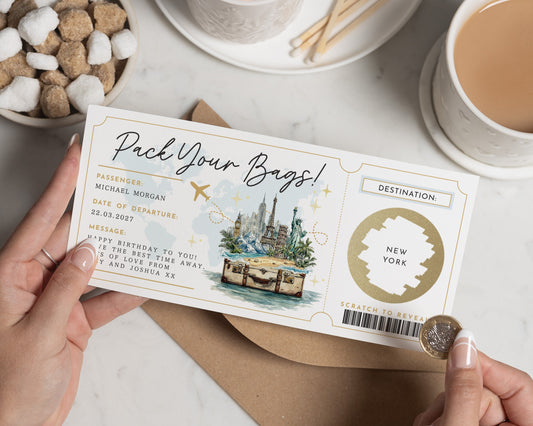 Personalised Pack Your Bags Gift Voucher, Holiday Reveal, Birthday Surprise, Custom Travel Voucher, Scratch To Reveal Destination