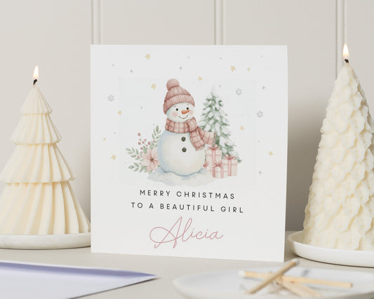 Christmas Card for Girl, Personalised Christmas Card, Merry Christmas Card for Daughter, Cute Snowman Card, Christmas Card for Kids