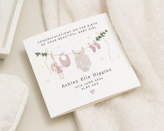 New Baby Girl Card, Personalised Baby Girl Card, Baby Girl Congratulations Card, Custom New Baby Card, Birth Announcement Card