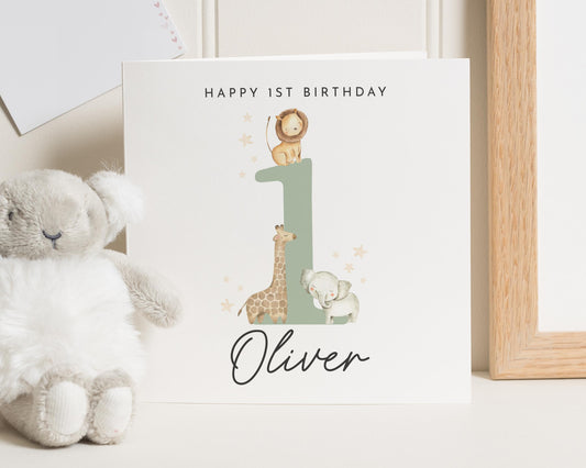 1st Birthday Card for Boy, Personalised Safari Birthday Card, First Birthday Card, Animal Birthday Card, Birthday Card for Son, Jungle Card