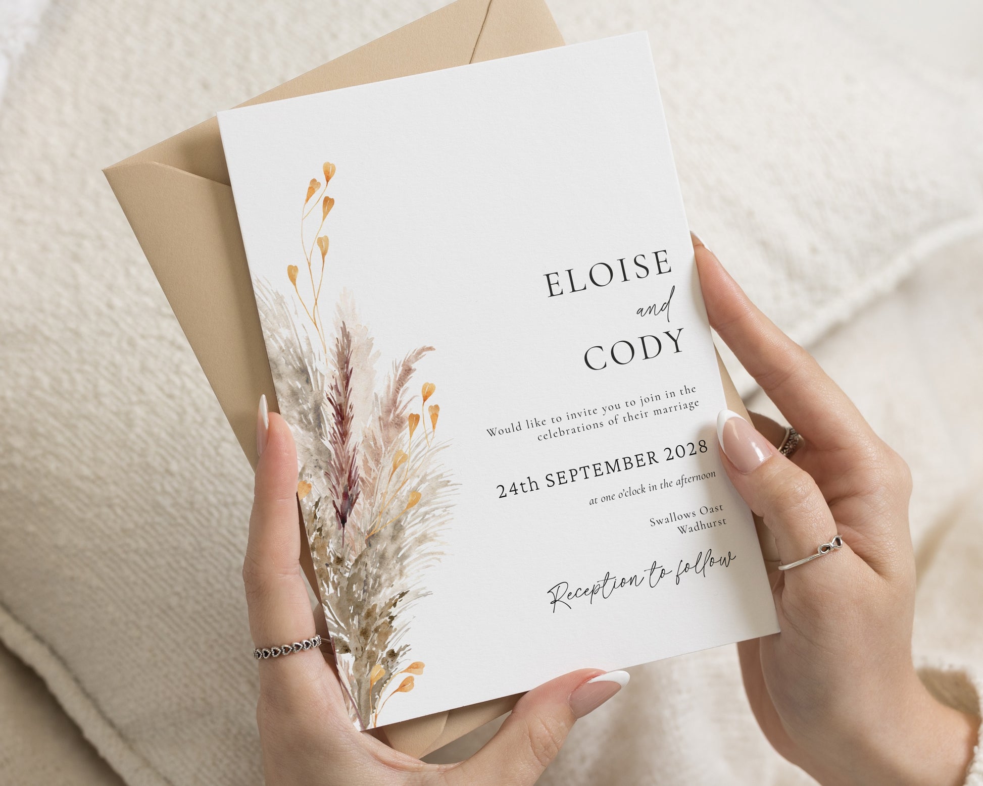 Pampas Wedding Invitations, Boho Dried Flower Wedding Invites, Neutral Beige Rustic Wedding Invitation Suite, Personalised Invite