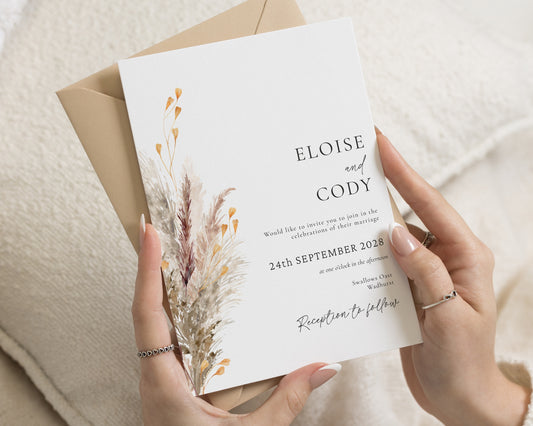 Pampas Wedding Invitations, Boho Dried Flower Wedding Invites, Neutral Beige Rustic Wedding Invitation Suite, Personalised Invite