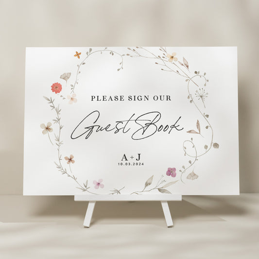 Floral Wreath Guest Book Wedding Sign, Wildflower Wedding Guest Book Sign, Wedding Sign, Guest Sign For Wedding, Minimalist Sign &#39;Annie&#39;