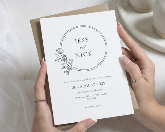 Minimalist Floral Wedding Invitations, Black and White Botanical Wedding Invite, Kraft Envelope, Elegant Personalised Invitation Suite