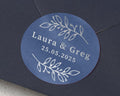 Wedding Envelope Seal, Personalised Wedding Sticker, Silver Foil, Blue, Custom Name Date Sticker, Wedding Favour Label, Botanical Leaf
