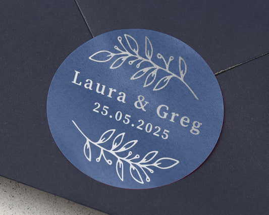 Wedding Envelope Seal, Personalised Wedding Sticker, Silver Foil, Blue, Custom Name Date Sticker, Wedding Favour Label, Botanical Leaf