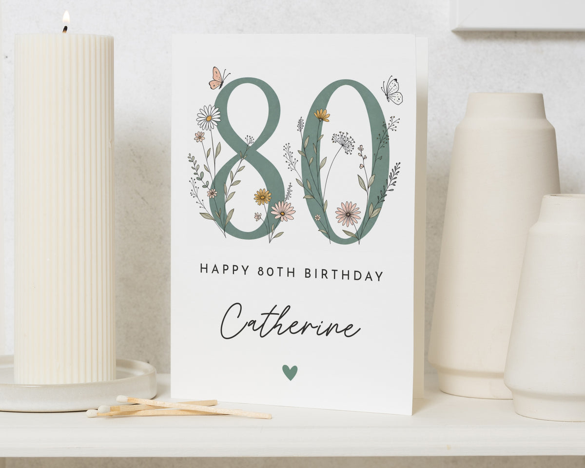 80th Birthday Card for Her, Personalised 80th Birthday Card, Floral Birthday Card for Mum, Grandma 80th Birthday Card, 80th Card