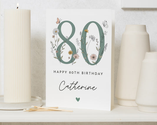 80th Birthday Card for Her, Personalised 80th Birthday Card, Floral Birthday Card for Mum, Grandma 80th Birthday Card, 80th Card