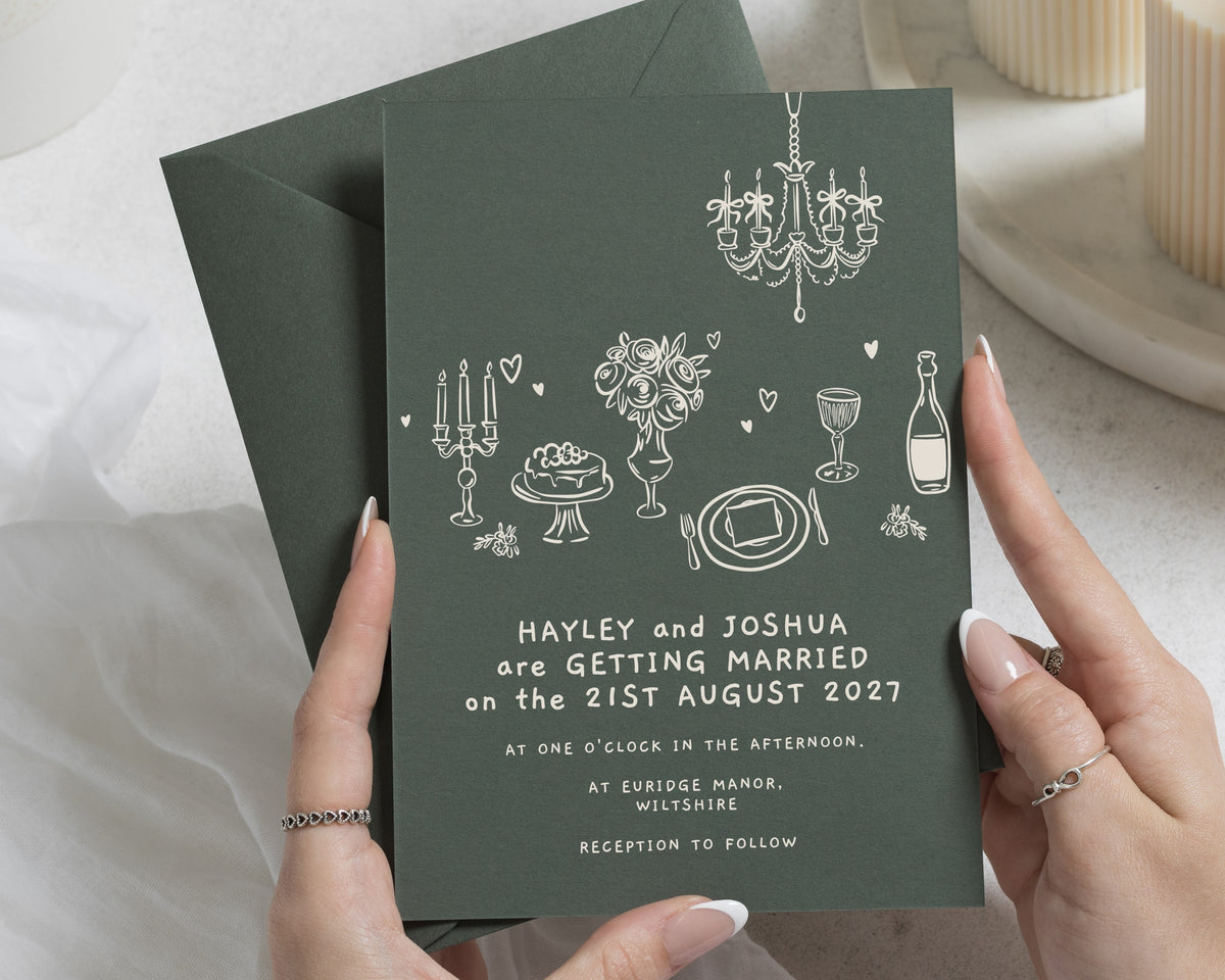Olive Green Wedding Invitations, Hand Drawn Wedding Invites, Whimsical Illustrated Wedding Stationery, Personalised Invitation Suite