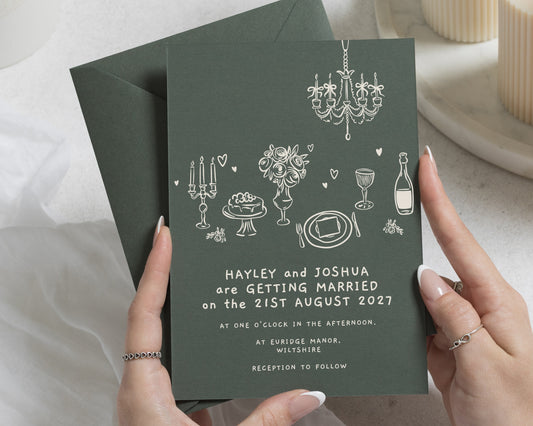 Olive Green Wedding Invitations, Hand Drawn Wedding Invites, Whimsical Illustrated Wedding Stationery, Personalised Invitation Suite