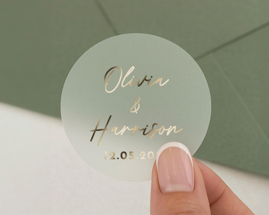 Personalised Wedding Sticker, Custom Name Sticker, Gold Foil Wedding Label, Transparent Wedding Sticker, Engagement Party Sticker