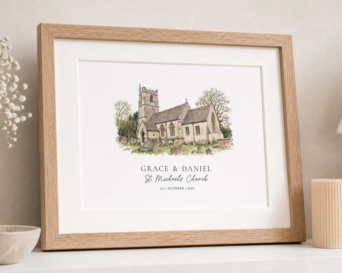 Personalised Wedding Venue Print, Custom Church Illustration, Wedding Gift, Anniversary Gift, Couple Wall Art, Oak Framed Print