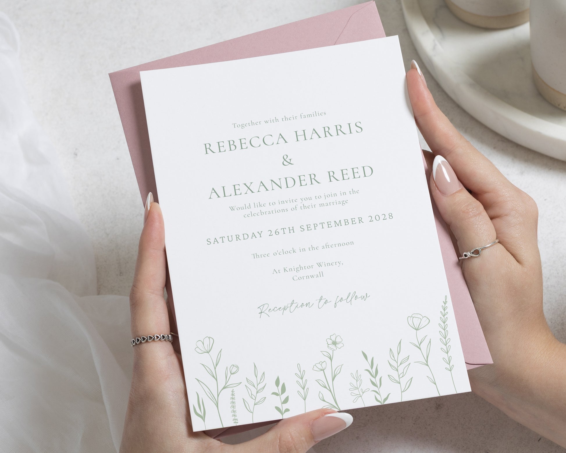 Sage Green Botanical Wedding Invitations, Wildflower Wedding Invite, Blush Pink Envelope, Personalised Invitation Suite