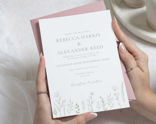 Sage Green Botanical Wedding Invitations, Wildflower Wedding Invite, Blush Pink Envelope, Personalised Invitation Suite