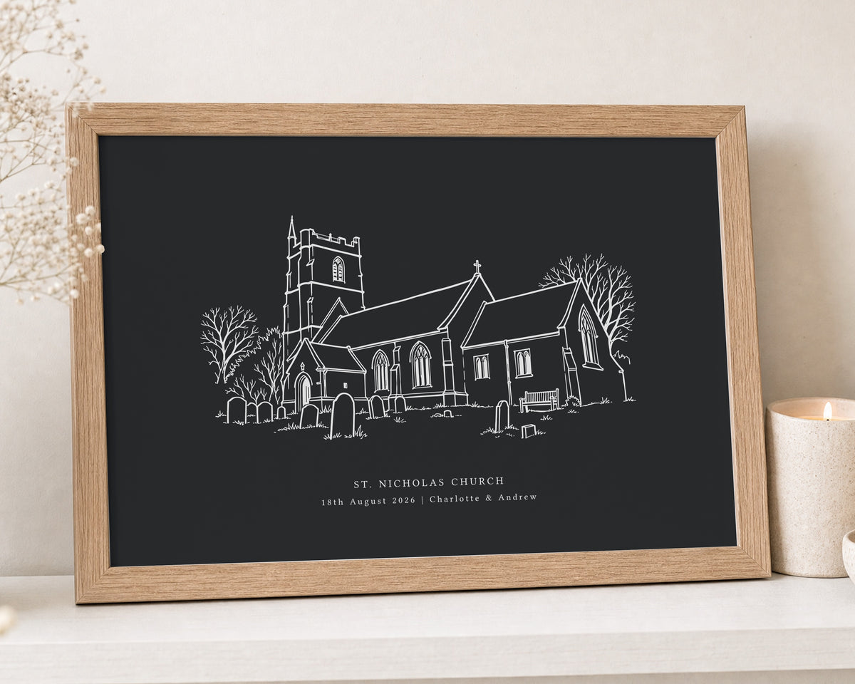 Personalised Wedding Venue Print, Black Wall Art, Church Line Art, Wedding Gift for Couple, Anniversary Gift, Landscape Print