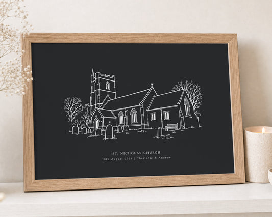 Personalised Wedding Venue Print, Black Wall Art, Church Line Art, Wedding Gift for Couple, Anniversary Gift, Landscape Print