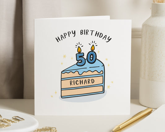 50th Birthday Card, Personalised Card for Dad, Mum, Friend, Brother, Custom Name Age Birthday Card, Milestone Birthday, Funny Cake Card