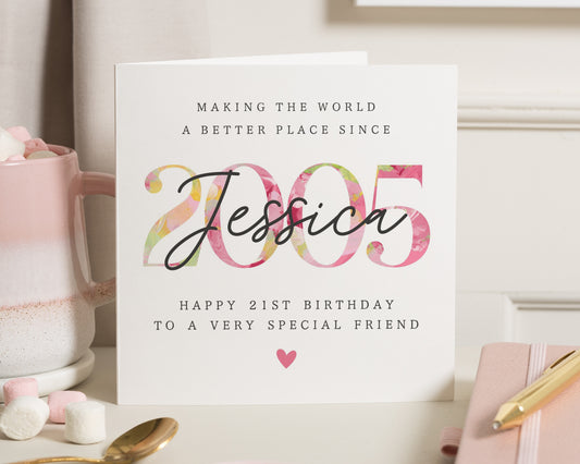21st Birthday Card for Friend, Personalised Birthday Card, Birthday Card for Her, 21st Birthday Card for Daughter, Floral Birthday Card