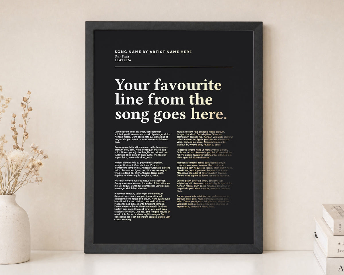 Personalised Gold Foil Song Lyrics Print, Black Wall Art, First Dance Song Gift, Anniversary Gift, Gift for Couple, Wedding Gift
