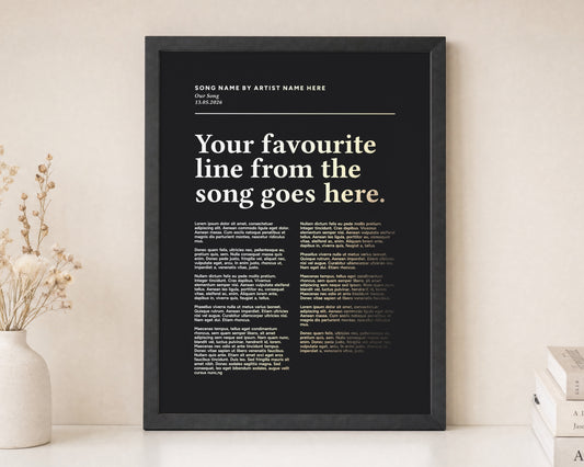 Personalised Gold Foil Song Lyrics Print, Black Wall Art, First Dance Song Gift, Anniversary Gift, Gift for Couple, Wedding Gift