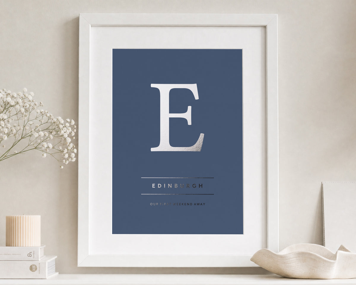 Personalised Silver Foil Initial Print, Slate Blue Wall Art, Custom Location Print, Couple Gift, Anniversary Gift, White Framed Print