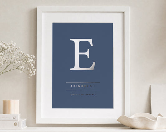 Personalised Silver Foil Initial Print, Slate Blue Wall Art, Custom Location Print, Couple Gift, Anniversary Gift, White Framed Print