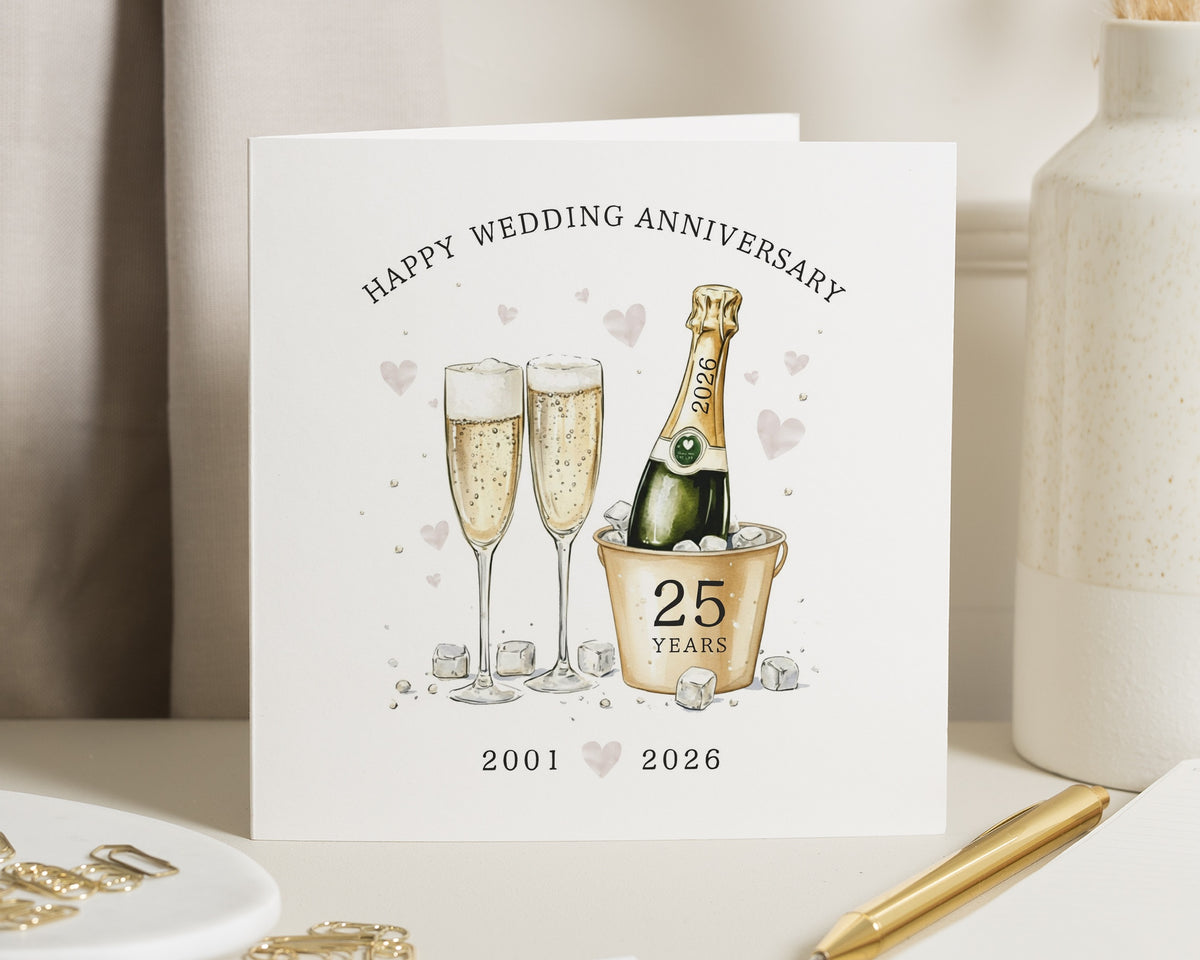 25th Wedding Anniversary Card, Silver Anniversary Card, Personalised Anniversary Card, Champagne Anniversary Card for Couple, 25 Years Card