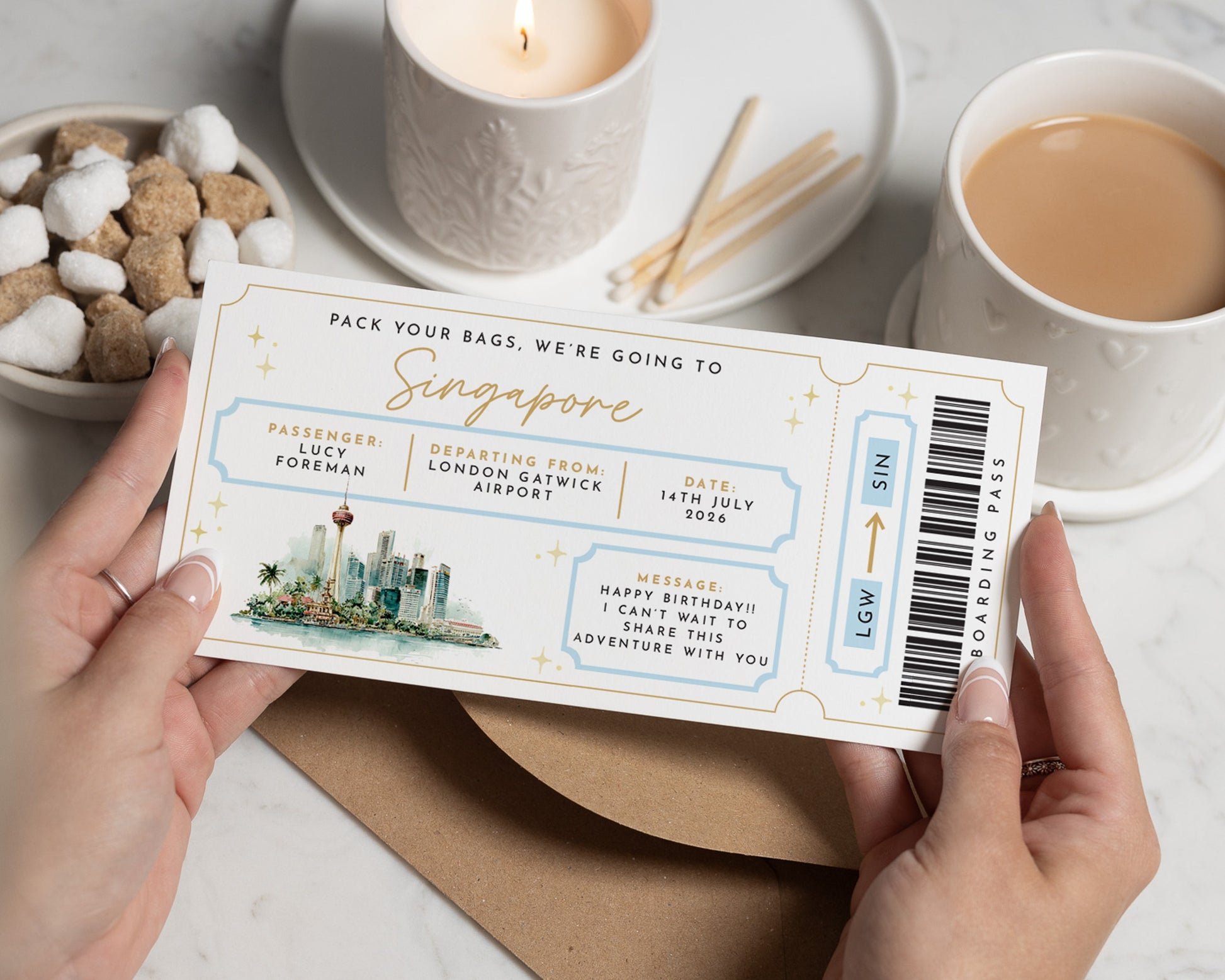Personalised Holiday Reveal Gift Voucher, Singapore Boarding Pass, Pack Your Bags, Birthday Surprise, Custom Trip Invitation