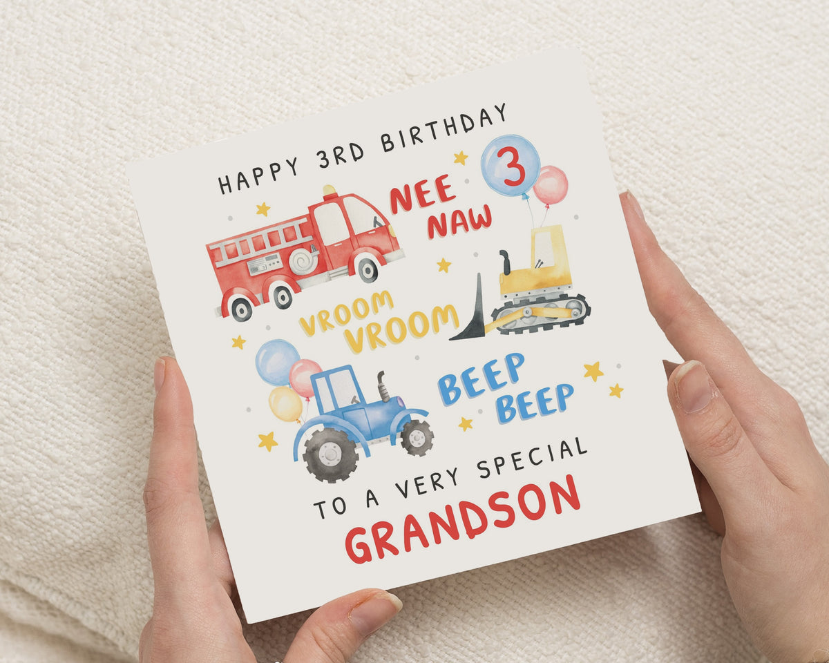 3rd Birthday Card for Grandson, 3rd Birthday Card Boy, Grandson Birthday Card, Third Birthday Card, Digger Tractor Fire Engine Card