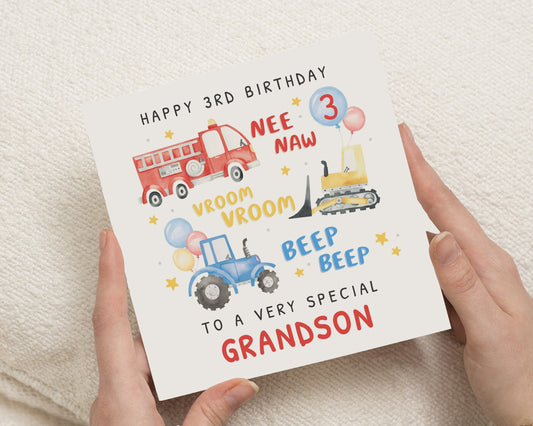 3rd Birthday Card for Grandson, 3rd Birthday Card Boy, Grandson Birthday Card, Third Birthday Card, Digger Tractor Fire Engine Card