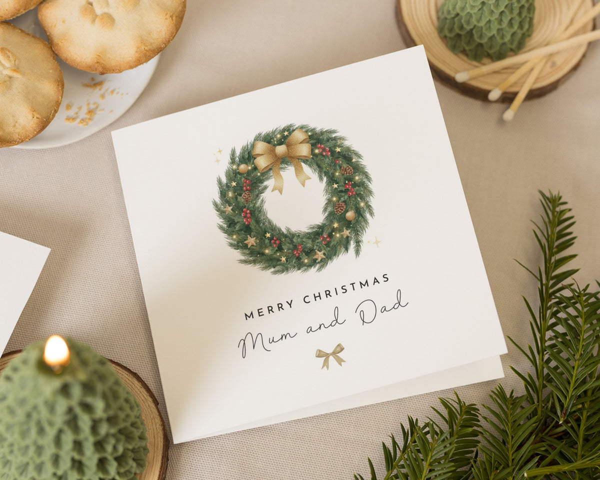 Christmas Card for Mum and Dad, Merry Christmas Card, Christmas Card for Parents, Personalised Christmas Card, Wreath Christmas Card