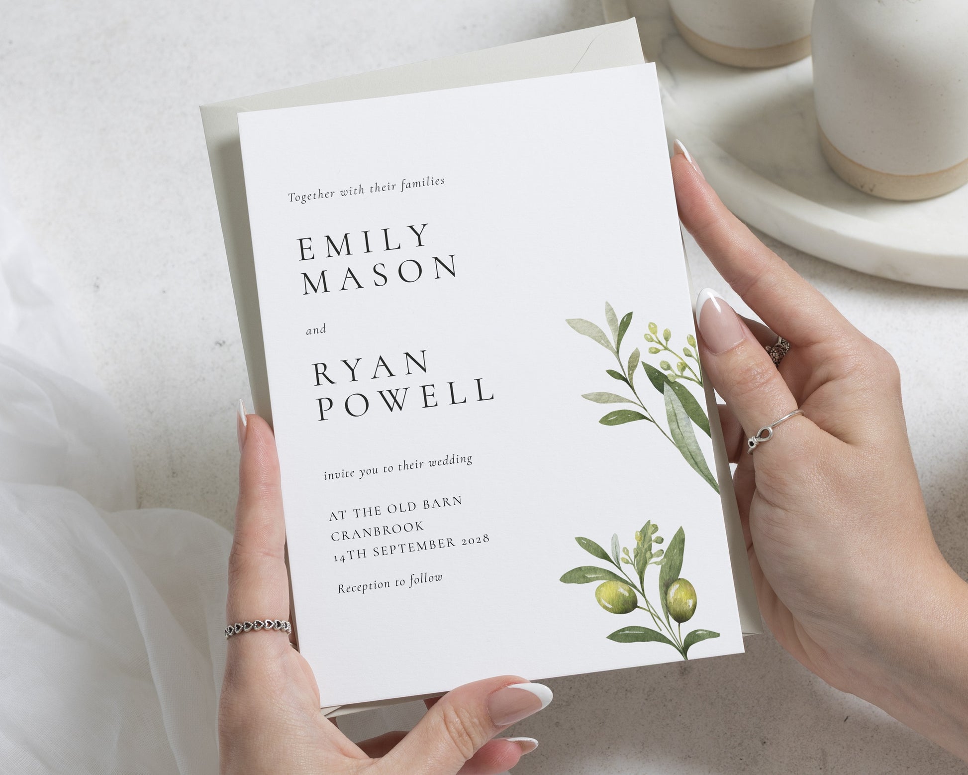 Sage Green Botanical Wedding Invitations, Olive Greenery Wedding Invite, Minimal Elegant Personalised Invitation Suite
