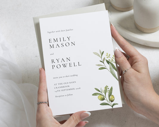 Sage Green Botanical Wedding Invitations, Olive Greenery Wedding Invite, Minimal Elegant Personalised Invitation Suite