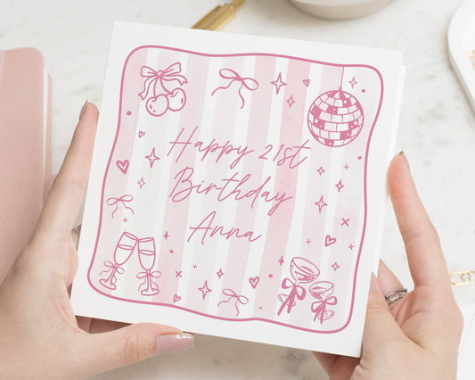 21st Birthday Card for Her, Personalised 21st Birthday Card, Birthday Card for Daughter, Sister Birthday Card, Pink Disco Birthday Card