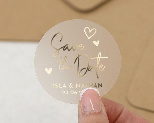 Save the Date Sticker, Gold Foil Save the Date, Personalised Wedding Sticker, Custom Wedding Save the Date, Round Acrylic Sticker