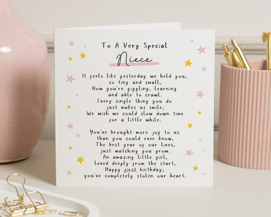 1st Birthday Card for Niece, First Birthday Card for Girl, Birthday Card for Niece, Niece 1st Birthday, Poem Birthday Card