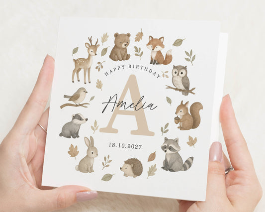 Personalised Birthday Card for Girl, Kids Birthday Card, Woodland Animal Birthday Card, Daughter Birthday Card, Custom Initial Card