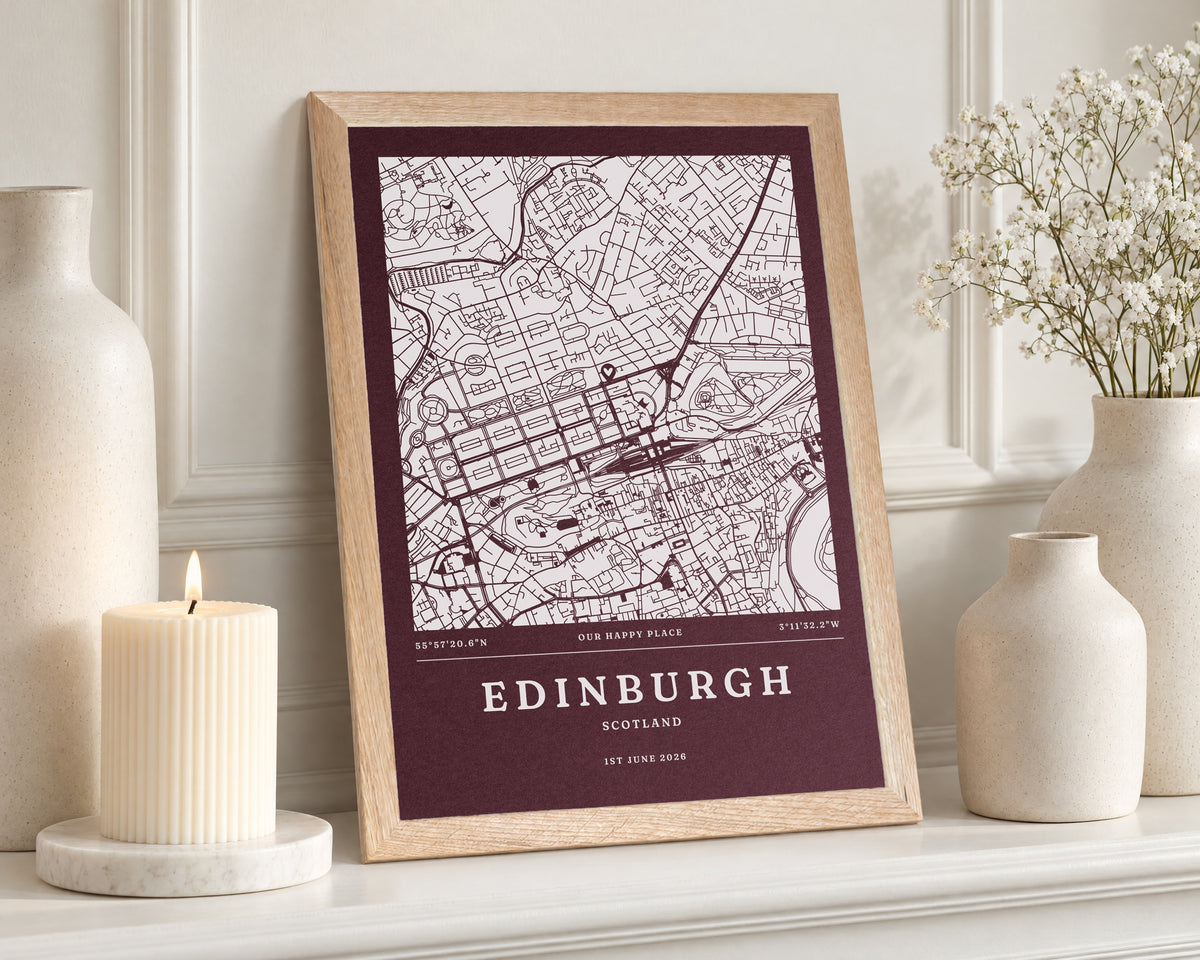 Personalised Map Print, Custom Location Map, Burgundy Wall Art, Coordinates Print, New Home Gift, Anniversary Gift, Oak Framed Print