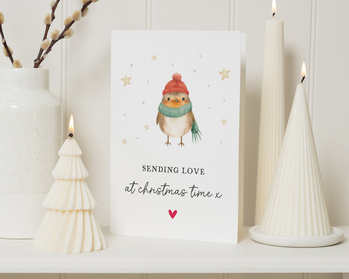 Christmas Card, Sending Love Christmas Card, Robin Christmas Card, Cute Christmas Card for Her, Christmas Card for Friend, Xmas Card