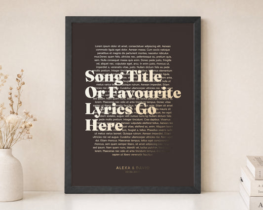 Personalised Song Lyrics Gold Foil Print, Chocolate Brown Wall Art, Wedding Gift for Couple, Anniversary Gift, Black Framed Print