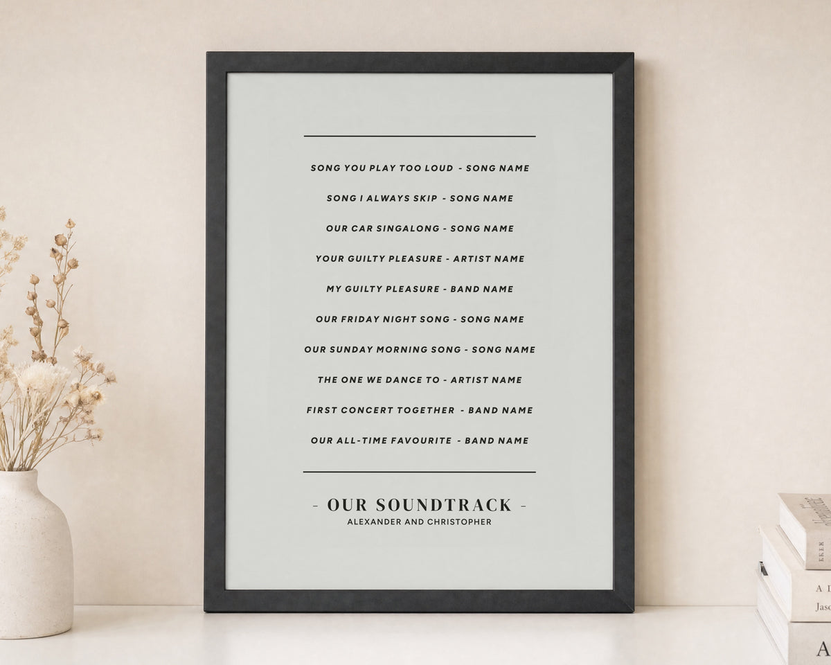 Personalised Soundtrack Print, Custom Song List Wall Art, Black and White Couple Gift, Anniversary Gift, Wedding Music Print