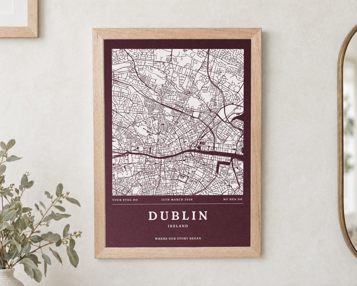 Personalised Map Print, Custom Location Wall Art, Burgundy Wedding Gift, Gift for Couple, Engagement or Anniversary Print