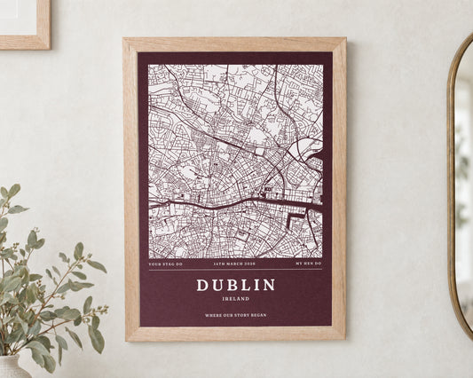 Personalised Map Print, Custom Location Wall Art, Burgundy Wedding Gift, Gift for Couple, Engagement or Anniversary Print