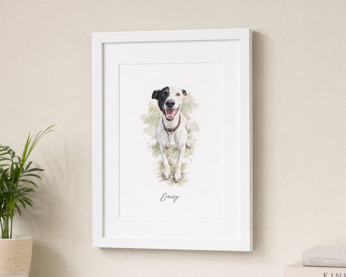Personalised Pet Portrait Print, Watercolour Dog Wall Art, Custom Pet Name Illustration, Dog Owner Gift, Pet Lover Gift, White Framed Print