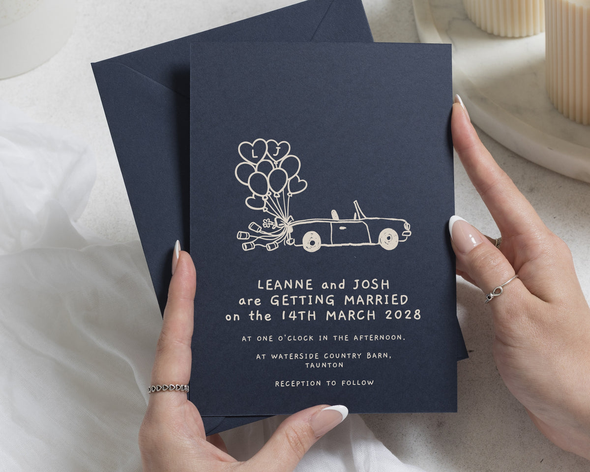 Navy Blue Wedding Invitations, Illustrated Car Wedding Invites, Fun Balloon Wedding Stationery, Personalised Invitation Suite