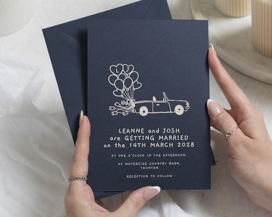 Navy Blue Wedding Invitations, Illustrated Car Wedding Invites, Fun Balloon Wedding Stationery, Personalised Invitation Suite